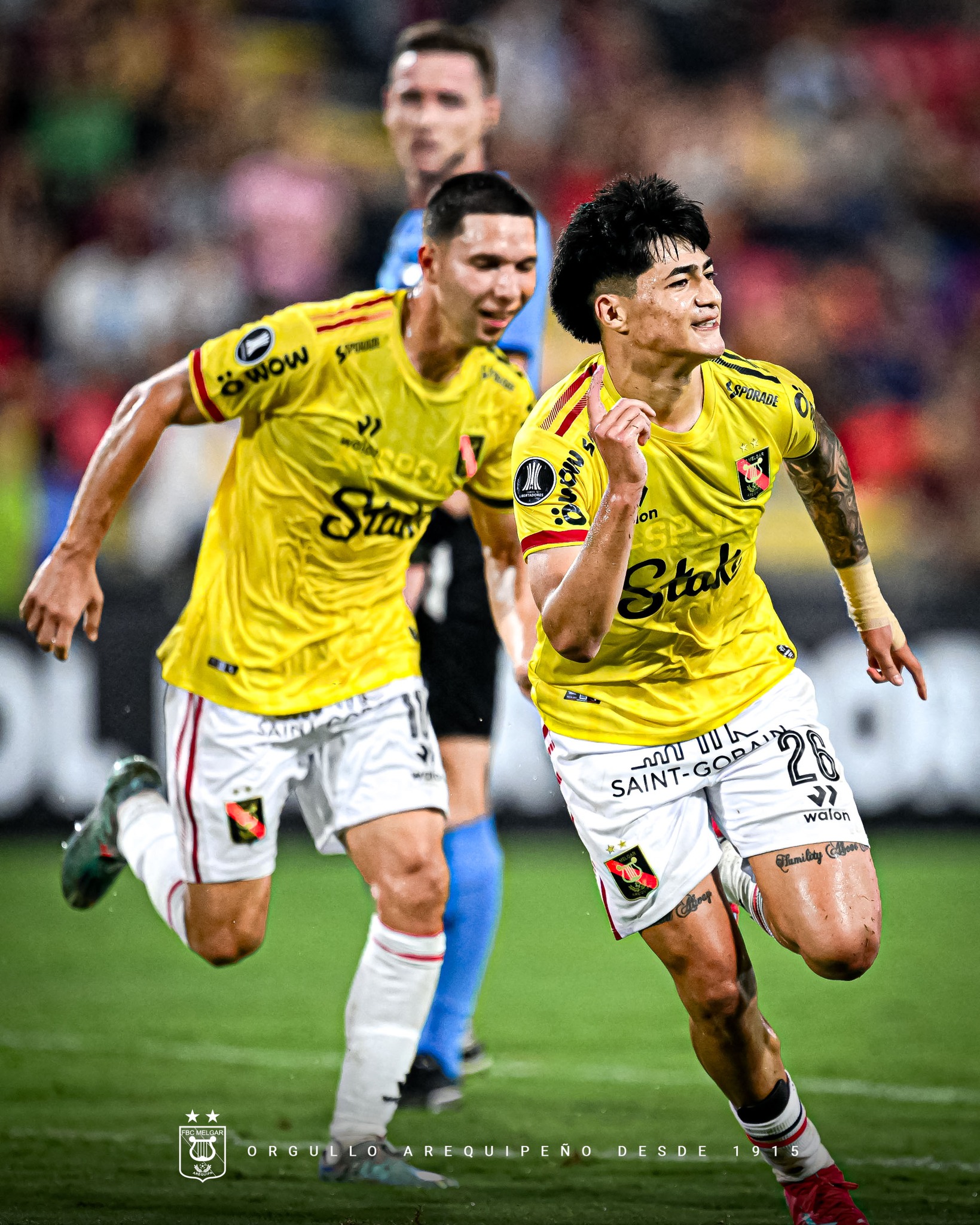 Kenji Cabrera celebrando el gol del triunfo 1-0 de FBC Melgar frente a Deportes Tolima en Ibagué, por la Fase 2 de la Conmebol Libertadores 2025. Foto: FBC Melgar.